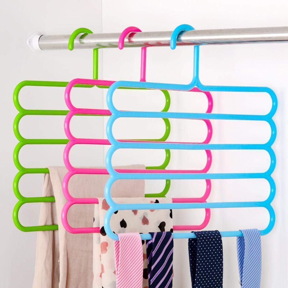 Varkaus 5 Layer Multipurpose Multi-Layer Hangers for Clothes Shirts Wordrobe Ties Pants Space Saving Plastic Hangers (Assorted Colours) - Pack of 6