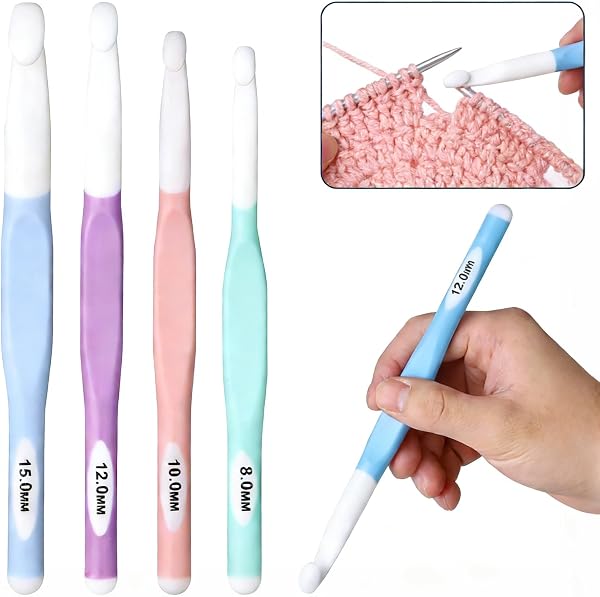 4 Sizes Large Crochet Hooks Set 8mm 10mm 12mm 15mm, Long Ergonomic Rubber Handle Crochet Needles for Chunky Yarn - 1