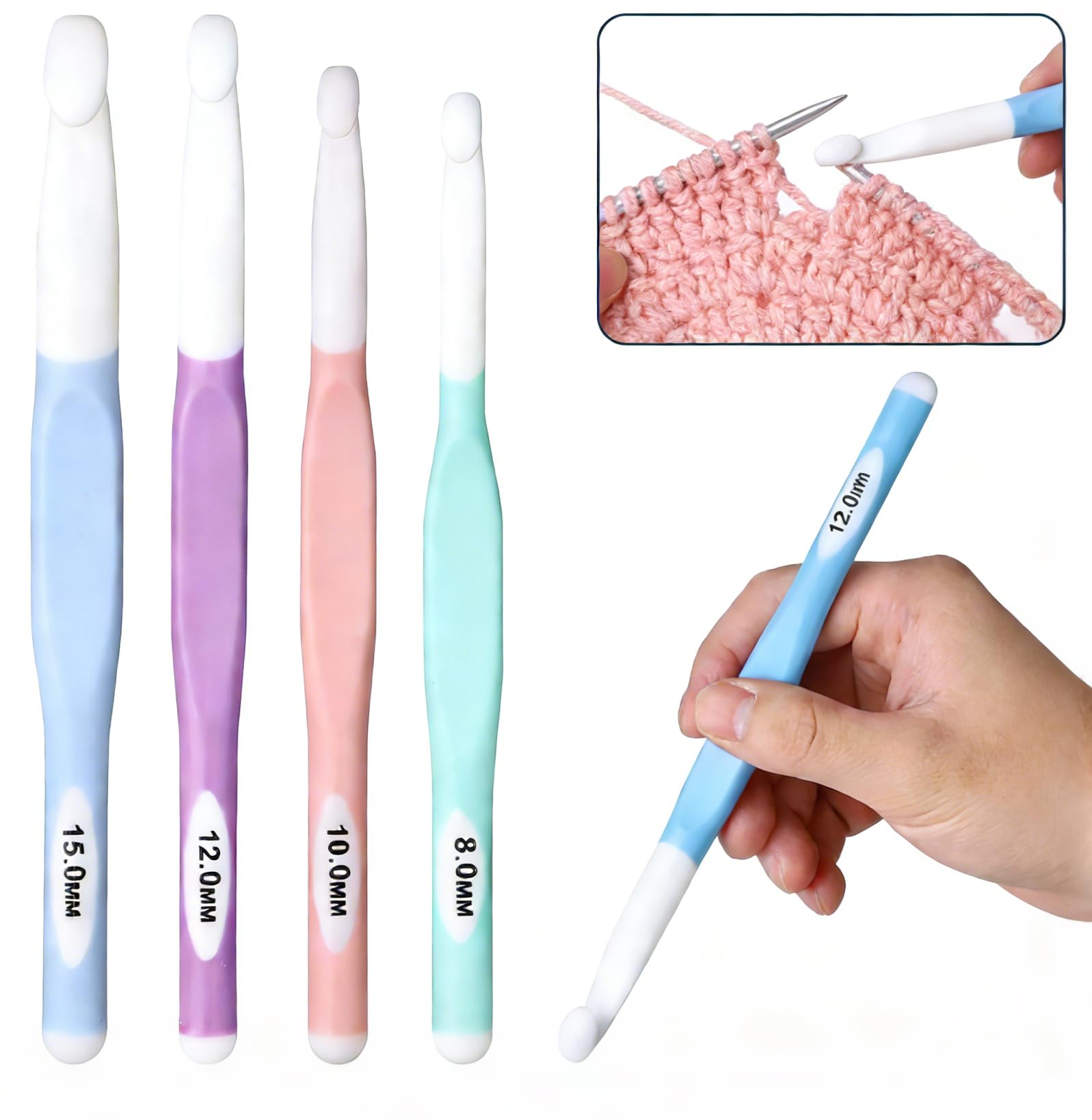 4 Sizes Large Crochet Hooks Set 8mm 10mm 12mm 15mm, Long Ergonomic Rubber Handle Crochet Needles for Chunky Yarn