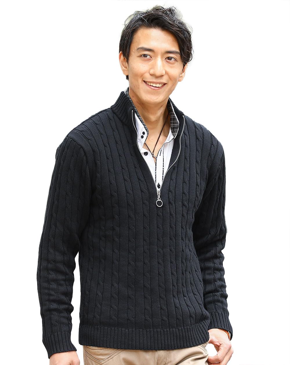 Amazon | [MENZ-STYLE] ケーブル編みスタンドカラーダブルジップニット