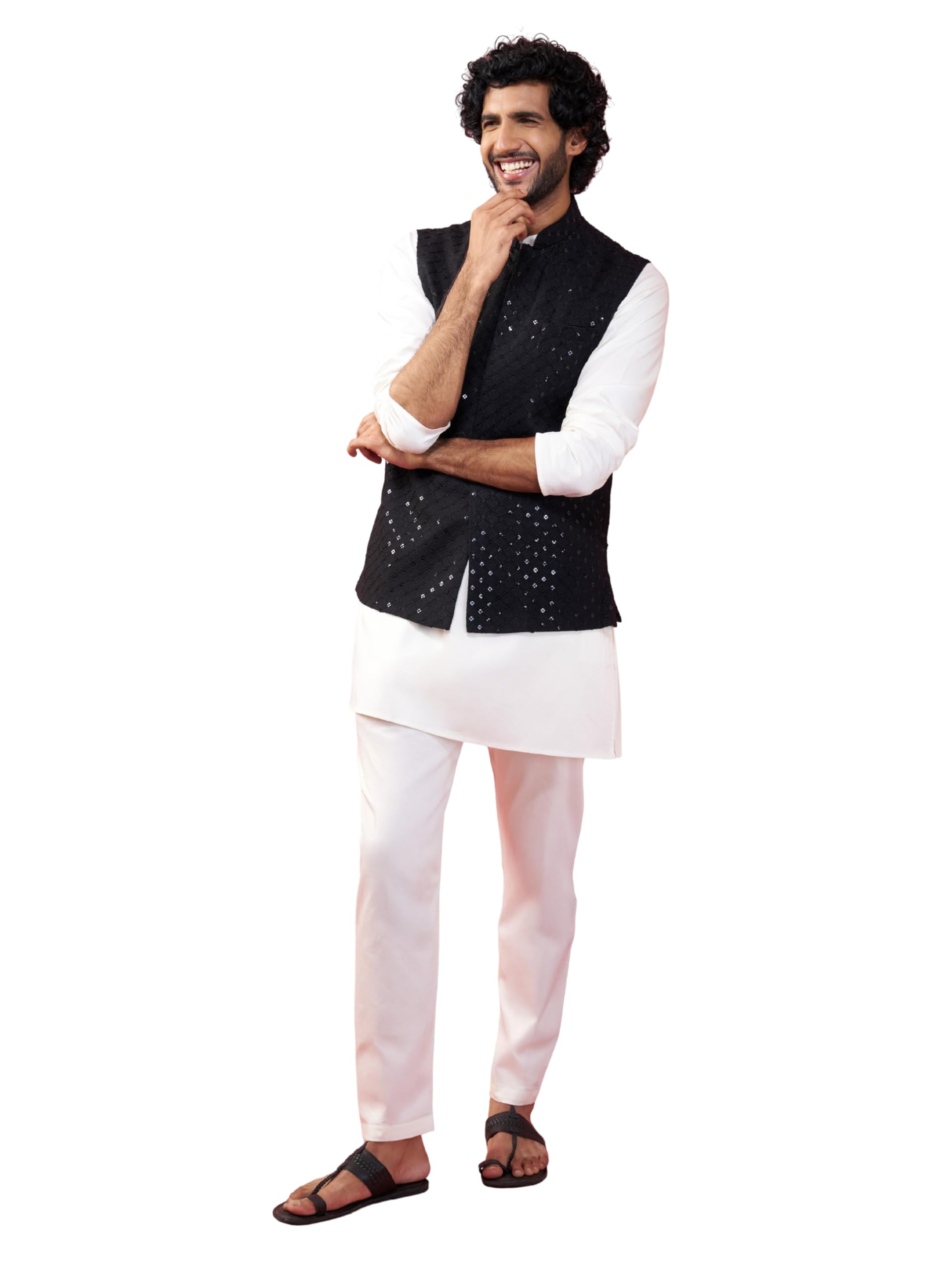 vastramay Men's Black Sequin Embroidered Nehru Jacket with Cream Kurta Pyjama - Premium Set-picture-44