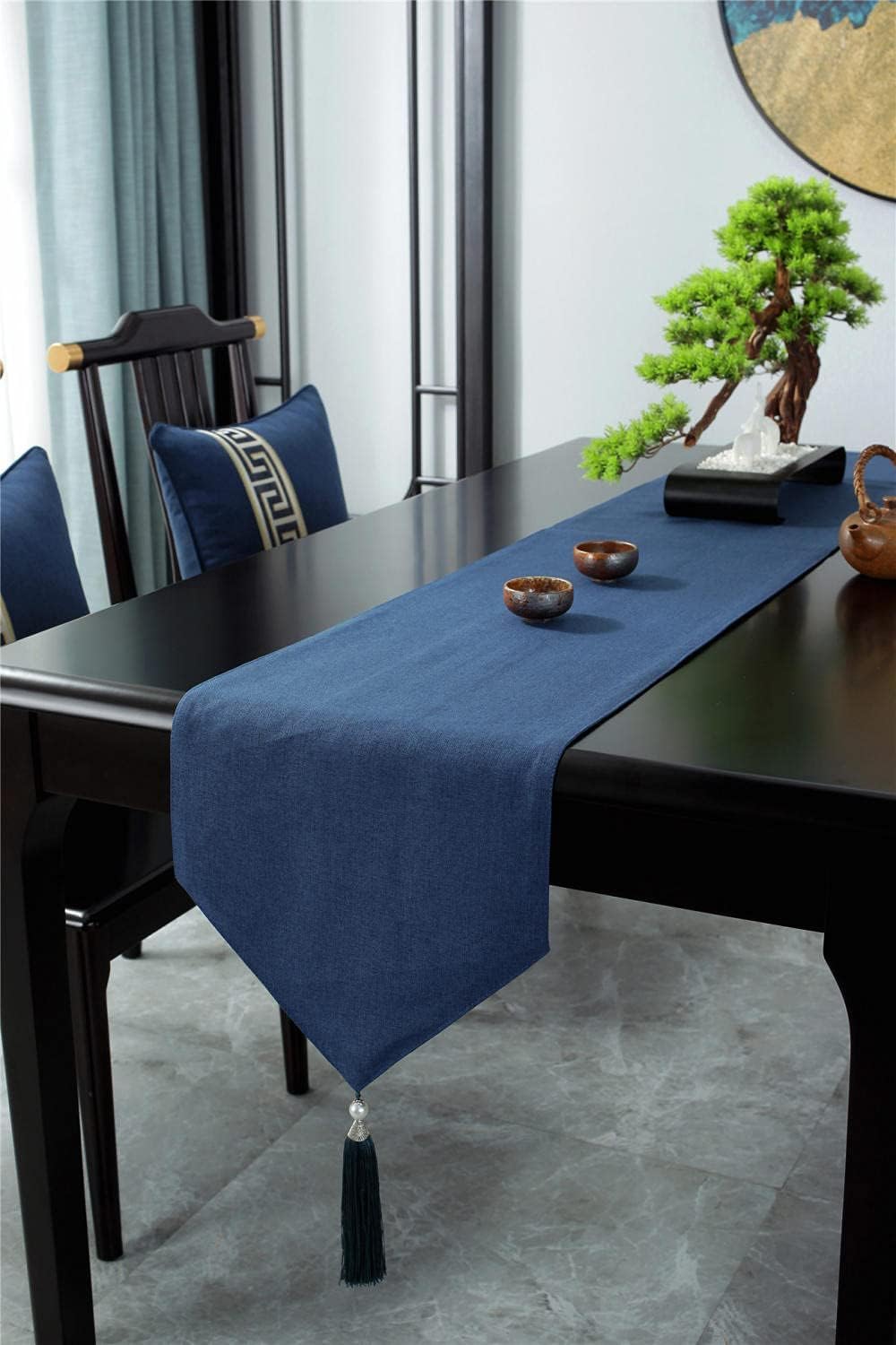 Camino De Mesa De Macramé con Flecos De Lino Y Algodón para Cocina, Restaurante, Hotel, Cafetería. Estaca Colgante Azul Puro, 33 X 200 Cm.