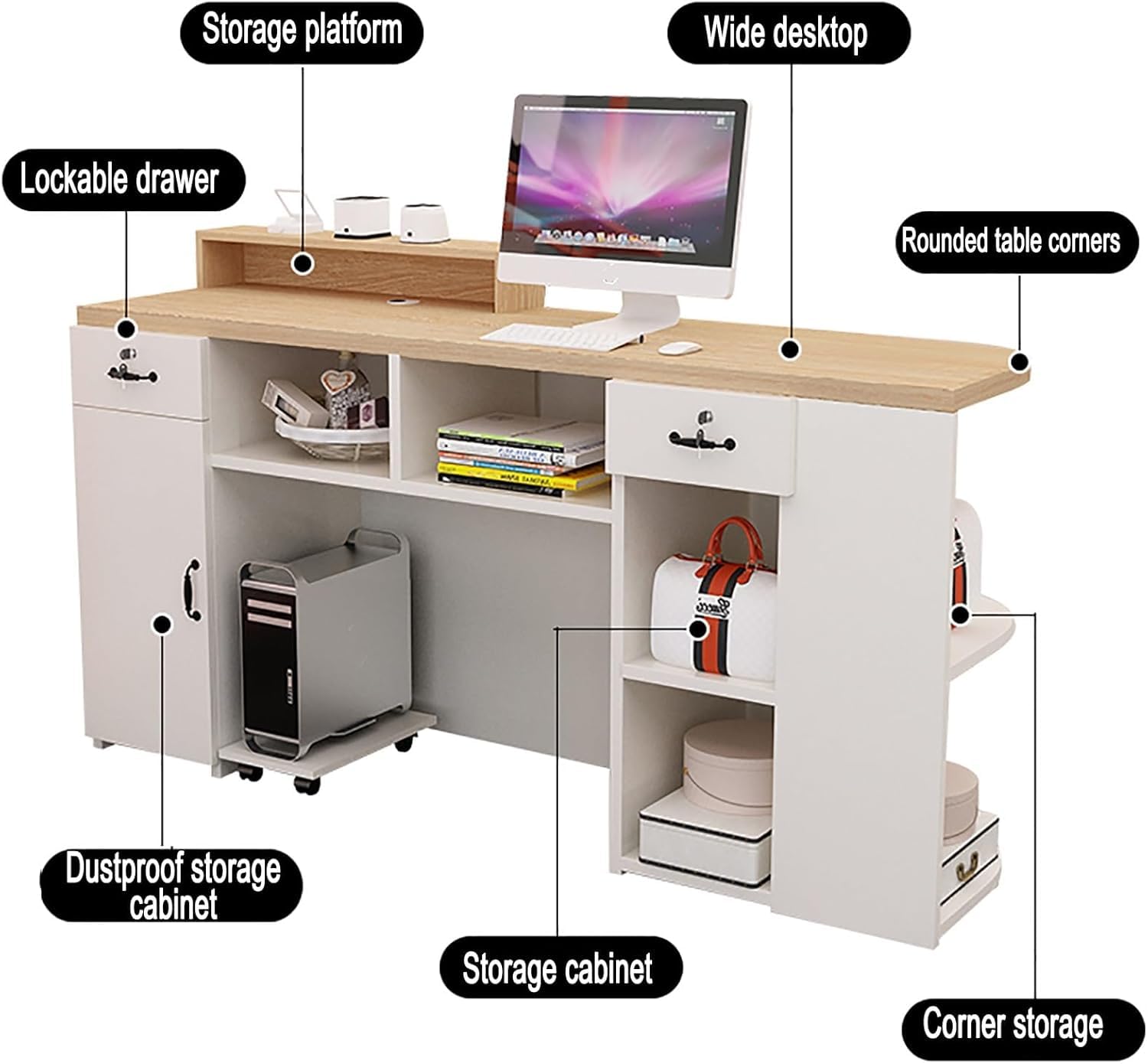 Banco reception con contenitore, banco cassa con luce LED, partizioni aperte, realizzato in materiale di grado E, design compatto 150x50x105cm, adatto per uffici e aziende