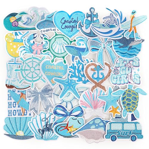 NICEVINYL Iron on Patches for Coastal Cowgirl - 32Pcs Summer Embroidered Patches Applique for DIY Craft - Cute Sea Beach Repair Patch Bulk for Clothing Jeans Backpacks Bags Trucker Hats