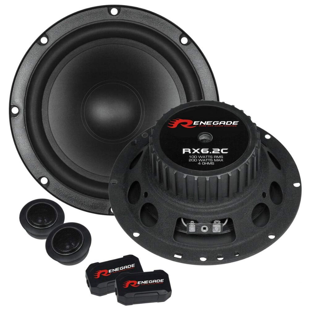 Renegade RX6.2C kit système 2 Voies 6.5" 165 mm 16.50 cm de diamètre 100 Watt rms 200 Watt Max woofer Tweeter Crossover Voiture 4 ohm Noir, la Paire + 3 Sticker Cadeau