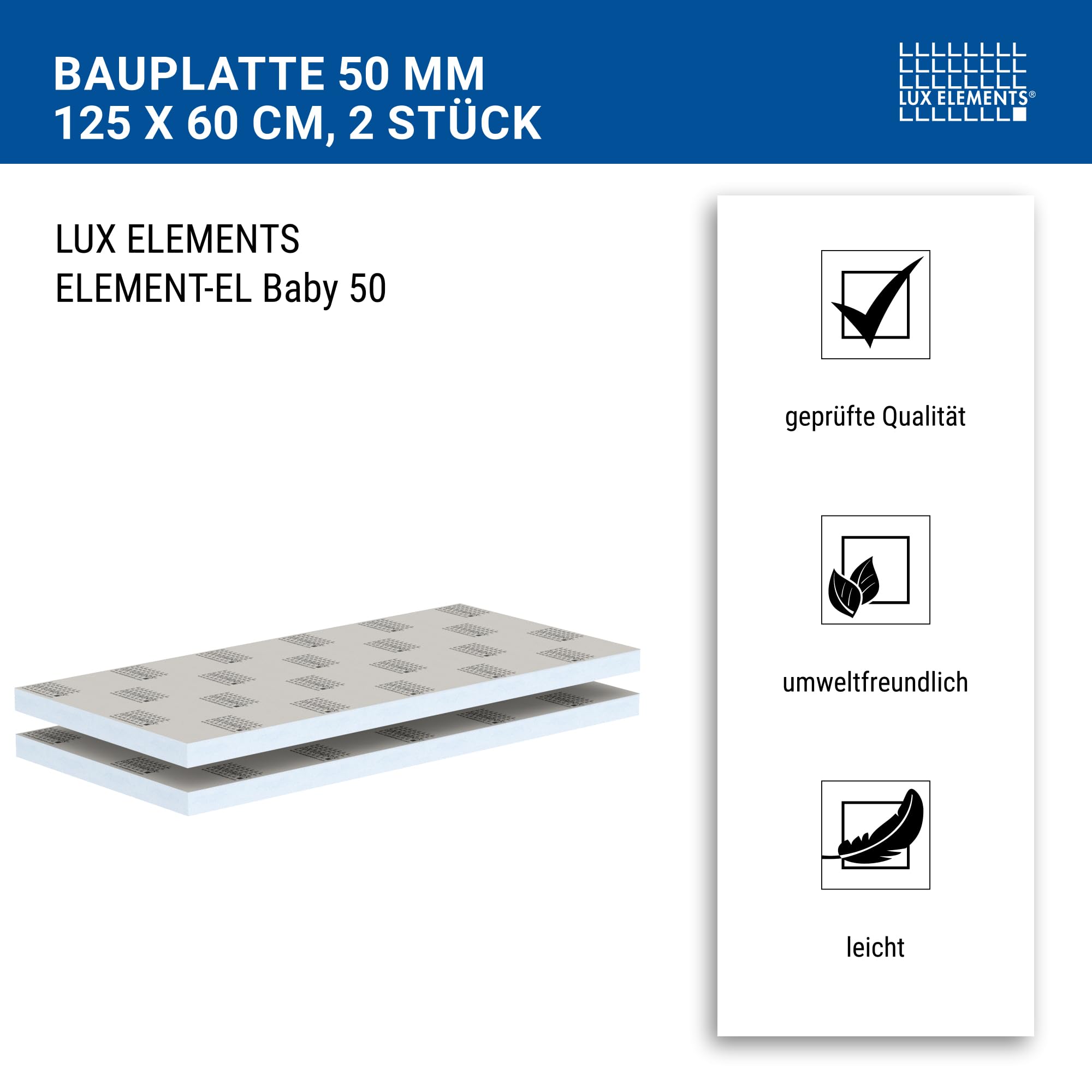 LUX ELEMENTS Bauplatte Fertig zum Verfliesen 125 x 60cm 2 Stk. I Hartschaumplatte 50mm aus expandiertem Polystyrol mit Spezialmörtel Beschichtung I Schimmelresistent