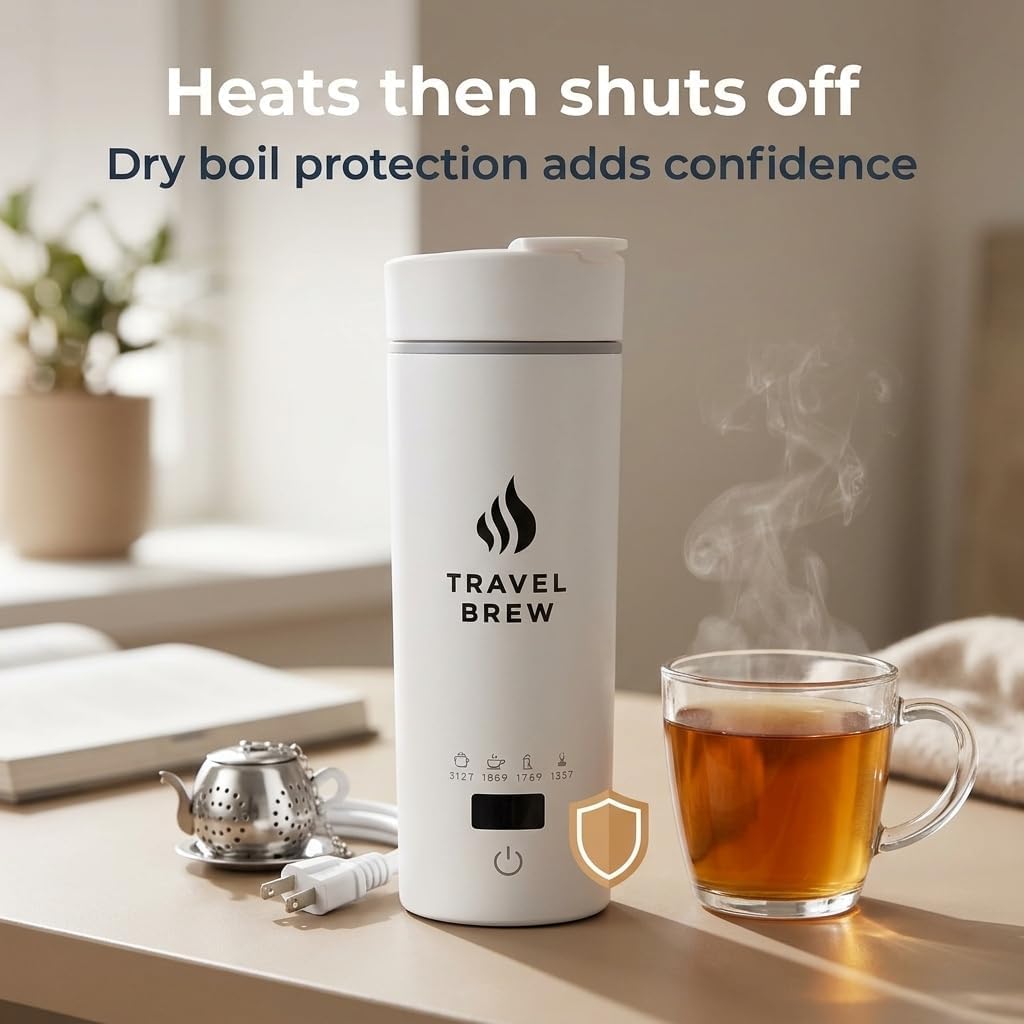 TRAVEL BREW Portable Travel Kettle with Tea Infuser- Mini Electric Kettle with 4 Temperature Settings, with Auto Shut-Off & Boil Dry Protection (White): Home & Kitchen