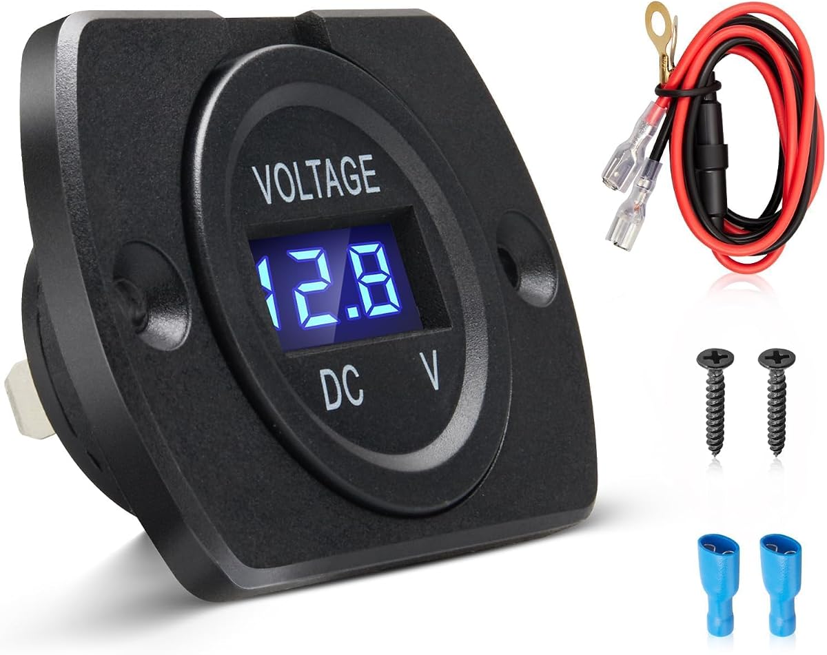 Anina Real-time Battery Voltage Meter for Car & Marine, Waterproof DC 12V 24V Battery Monitor with Blue LED, 29mm Round Panel Mount Digital Voltmeter Display for RV Truck Motorcycle Boat UTV