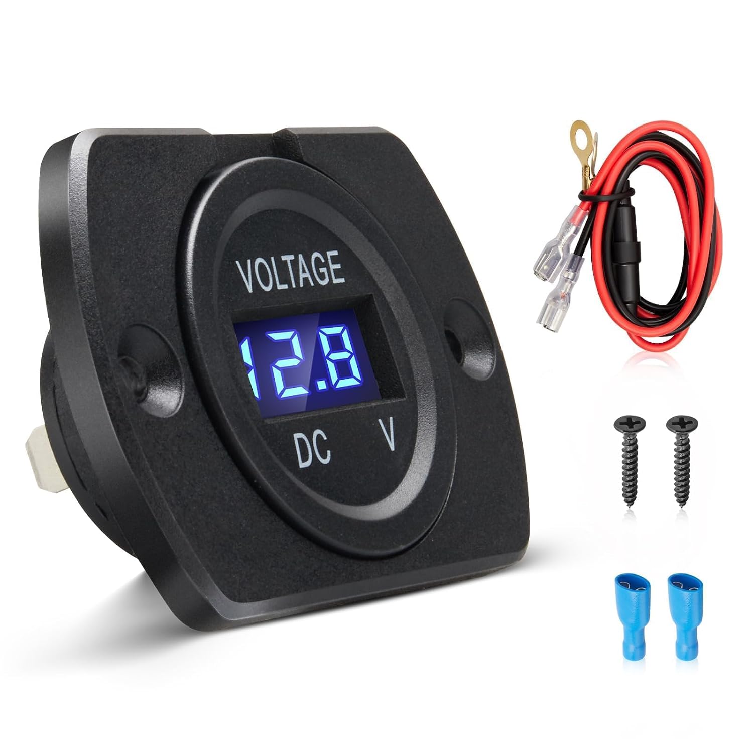 Anina Real-time Battery Voltage Meter for Car & Marine, Waterproof DC 12V/24V Battery Monitor with Blue LED, 29mm Round Panel Mount Digital Voltage Display for RV Truck Motorcycle Boat