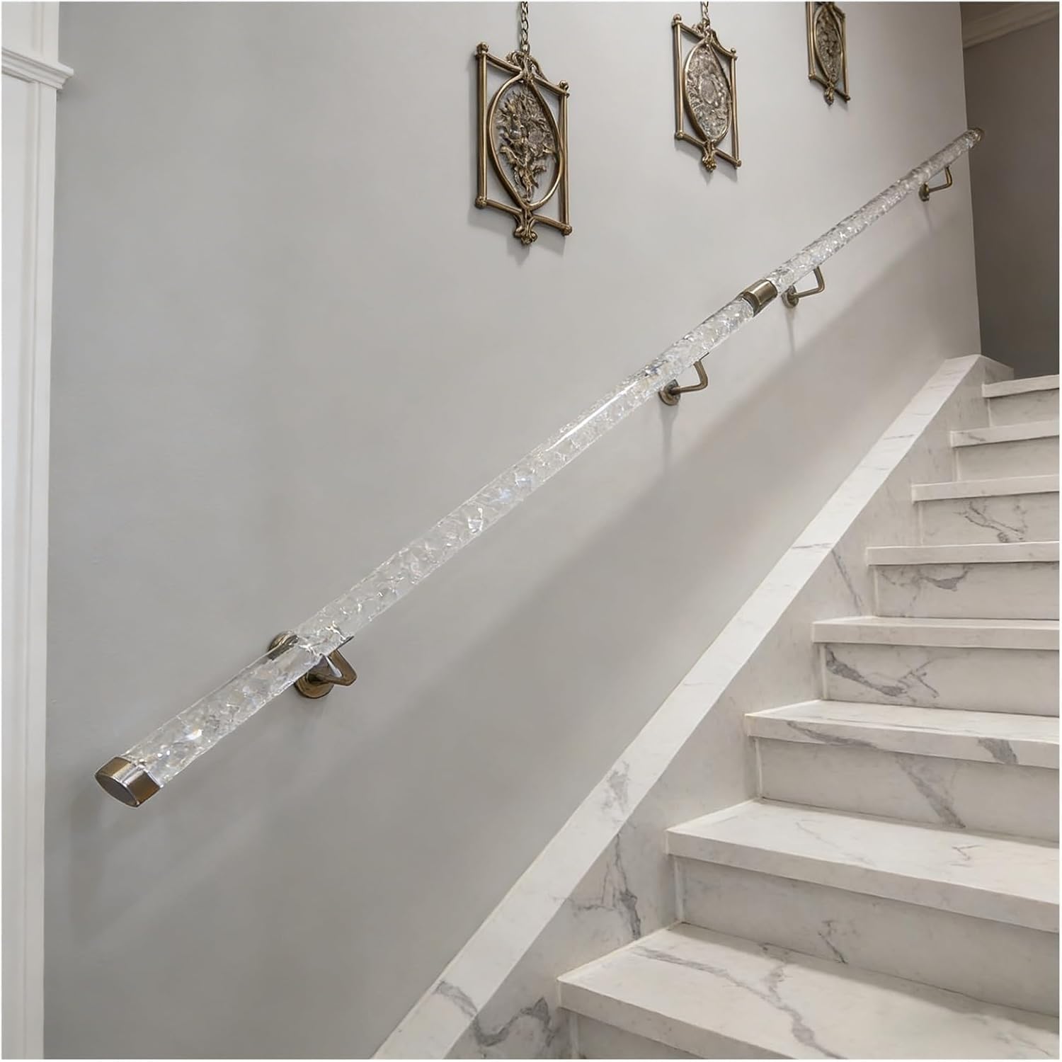 Handrail Stairs Clear Acrylic Handrail for Stairs, 3ft/4ft/5ft/6ft/10ft/12ft/14ft/20ft，Wall Mount Home Staircase Hand Rail with Stainless Steel Brackets(Silver,520cm(17ft))