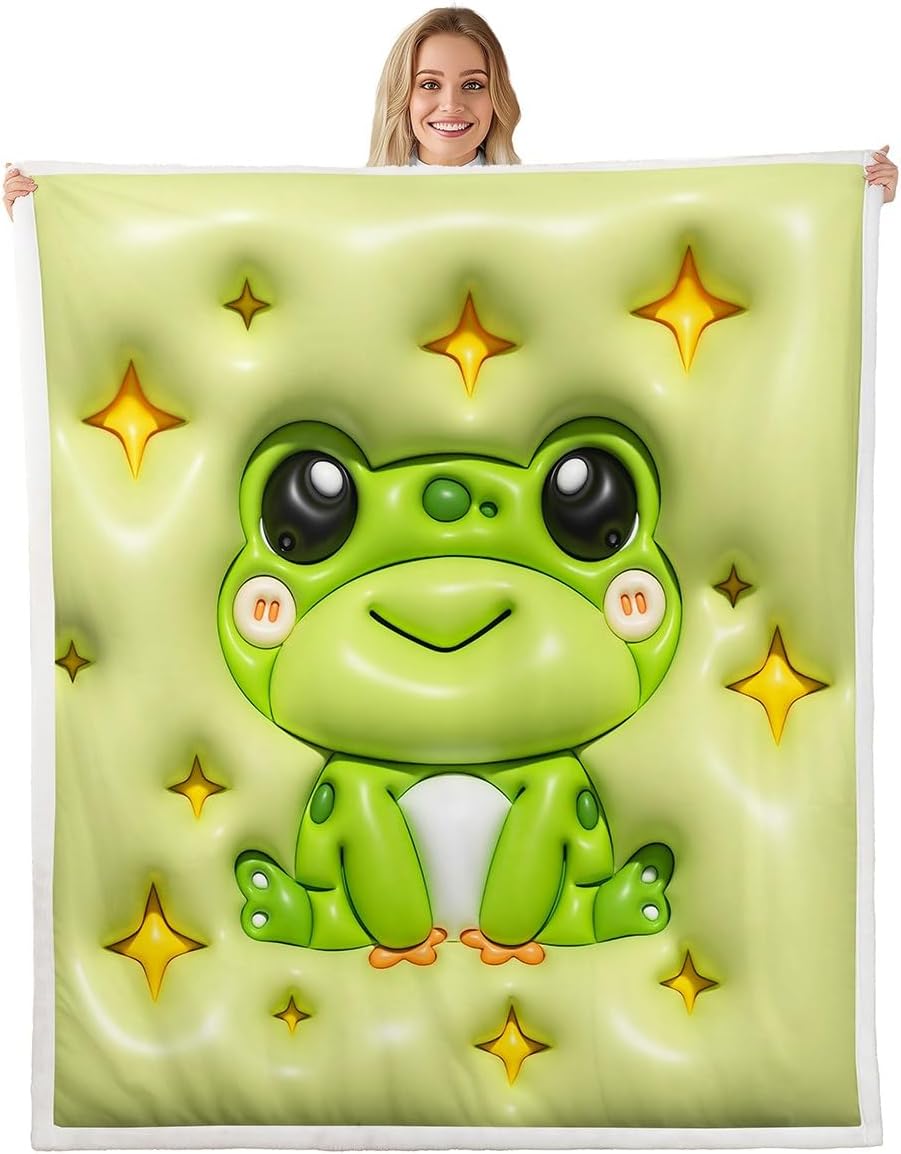 Manfei Cartoon Frog Kids Throw Blanket,Stars Pond Animals 3D Vivid Boys Girls Bed Blanket,Modern Abstract Solid Patchwork Green Cute Fuzzy Blanket,Queen Size (90 x 90 Inches)