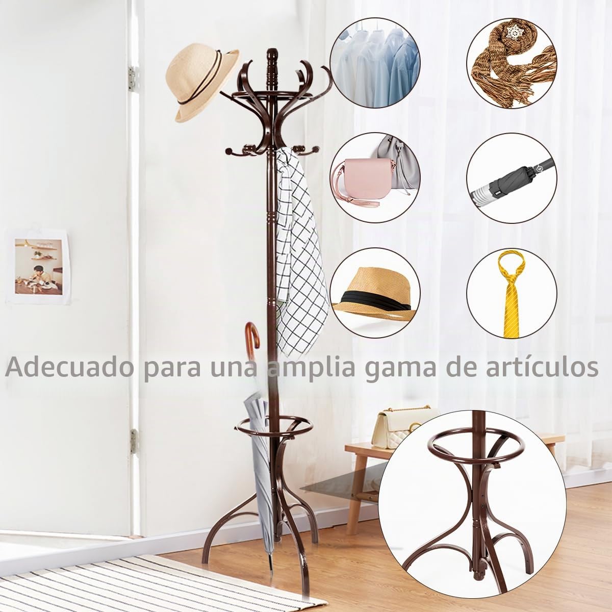 HOMASIS Perchero de pie de madera maciza, perchero de pie moderno con 12 ganchos y paragüero, porta ropa para entrada, dormitorio, salón (marrón)