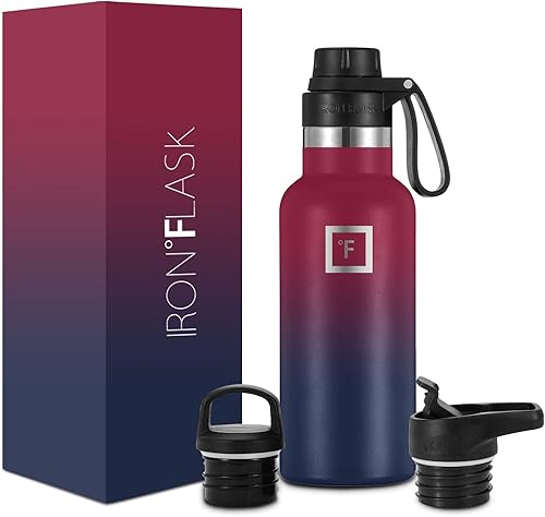 IRON FLASK Cantinas de hidratación para acampar y senderismo, 3 tapas (tapa estrecha con pajillaboquilla) a prueba de fugas, acero inoxidable