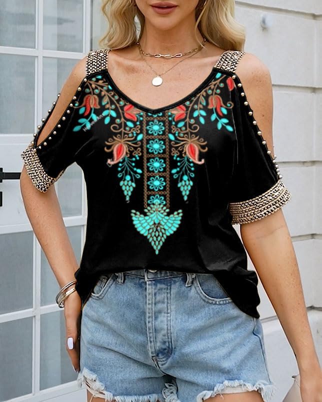 Womens Cold Shoulder Tops with Sequins V Neck Short Sleeve T Shirts Casual Loose Fit Basic Tee - Image 2