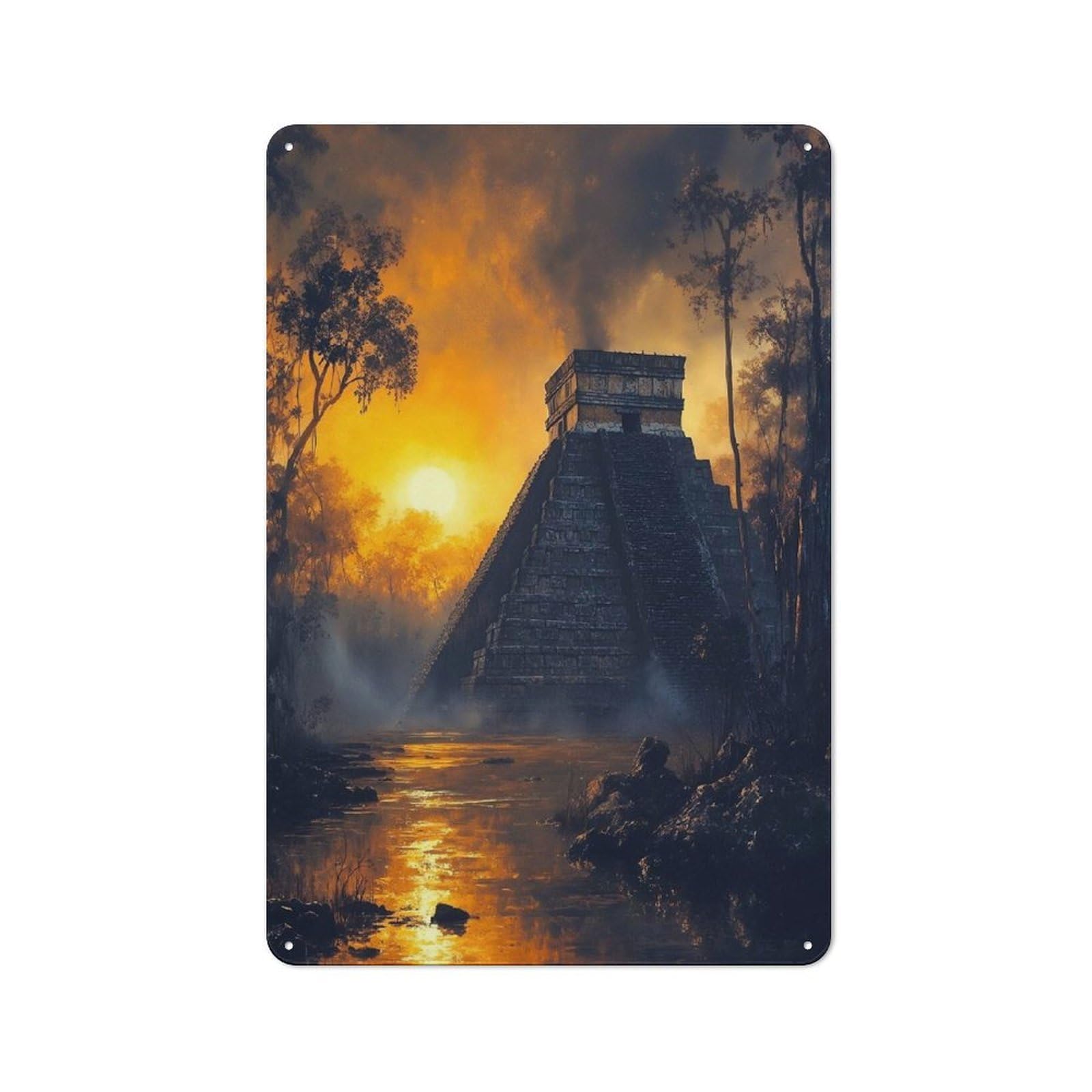 Junmoney Style-11 For Hobby Room Or Studio, Mayan Pyramid At Sunset Retro Tin Sign 30X20cm, Gift For Creative Interior Collectors During The Christmas Season