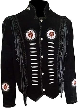 Classyak Womens Western Suede Leather Jacket with Beads, Fringes and Bones