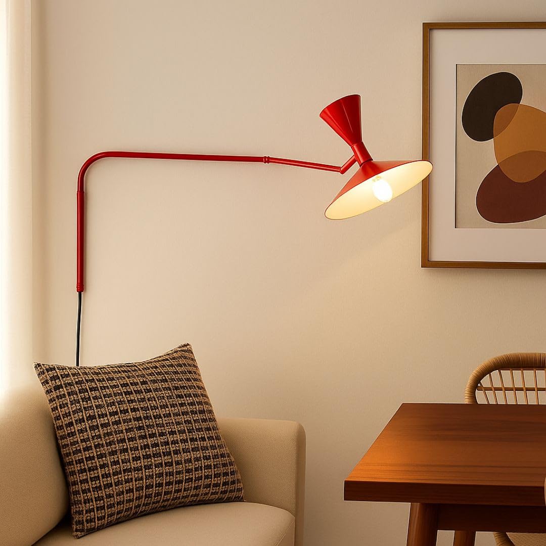 BARCELONA LED Lámpara de Pared Industrial Grande 40cm, Aplique de Pared con Brazo Articulado Retro y Moderno, Pantalla de Metal Rojo Interior Blanco para Restaurante, Escaleras y Dormitorio