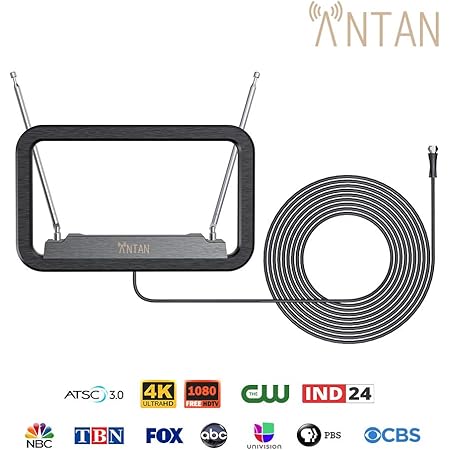 ANTAN DVB-T655VA Indoor TV Antenna 25-35 Miles Range -Support 8K 4K 1080P UHF VHF Freeview Channels with Longer 10ft Coaxial Cable, Black