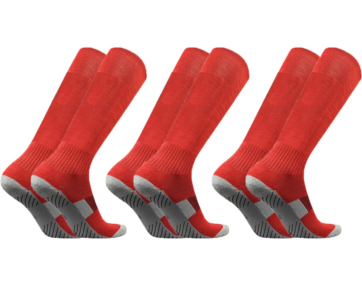 Lingtu Men's Red 3 Pairs Soccer Football Socks 3 Pairs Team Sport Athletic Knee High Breathable Compression Socks For Adult Youth Kids Boys - 6-10 Years