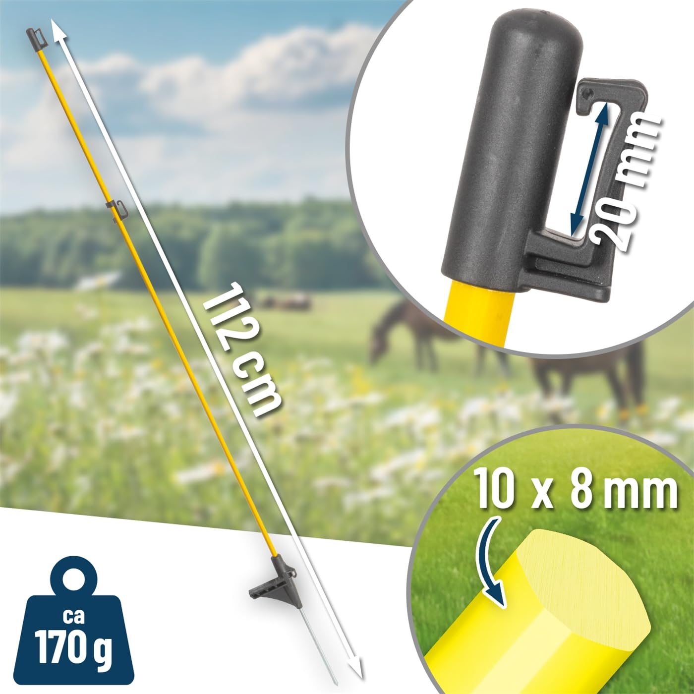 VOSS.farming 40x Fiberglaspfahl 110cm mit Kopfisolator für Weidezaun Metallspitze Weidezaunpfahl Pfahl gelb schwarz Ersatzpfahl Elektrozaun Zaunpfahl