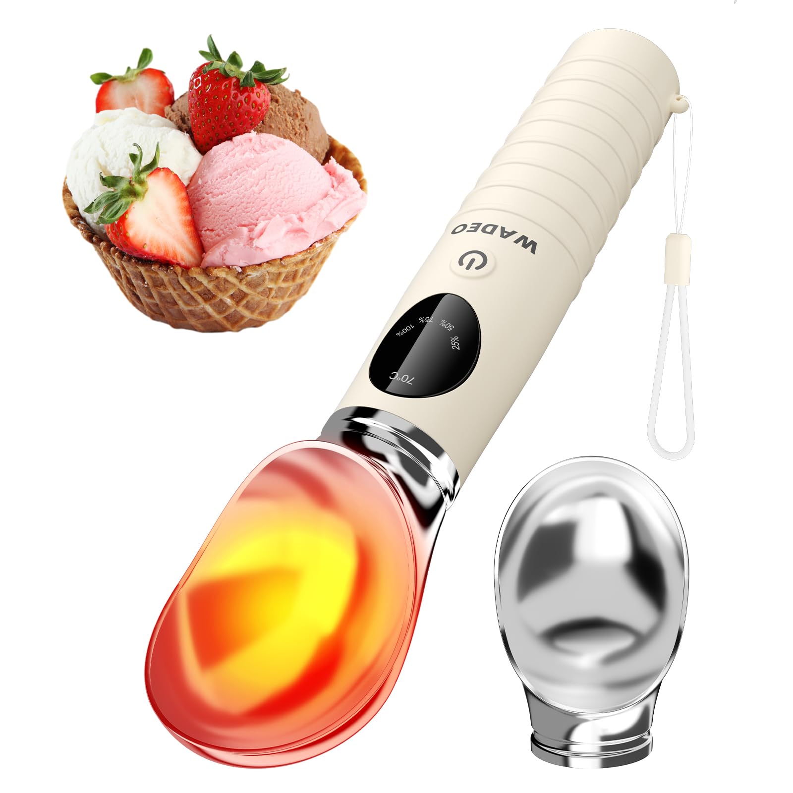 WADEO Cuchara de helado calentada recargable, cuchara extraíble con 4 niveles de temperatura y pantalla LED, apta para el lavavajillas, ideal para helados duros, gelato y yogur helado