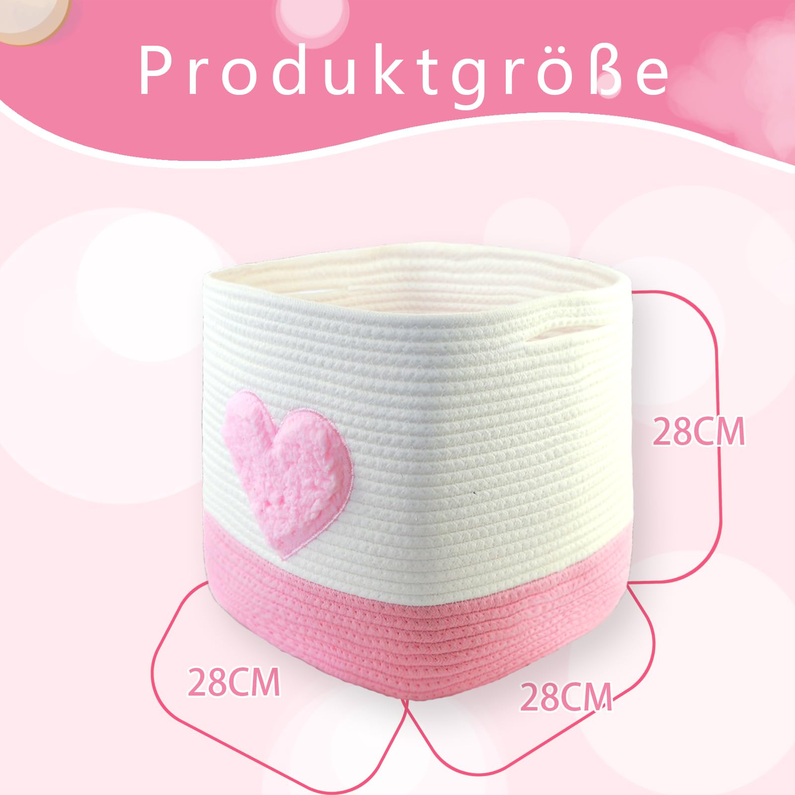 Cestini portaoggetti, 28 x 28 x 28 cm, quadrati intrecciati in corda di cotone, piccoli cestini intrecciati per la selezione, per cameretta dei bambini, uffici, decorativi. (set da 2, cuori rosa)