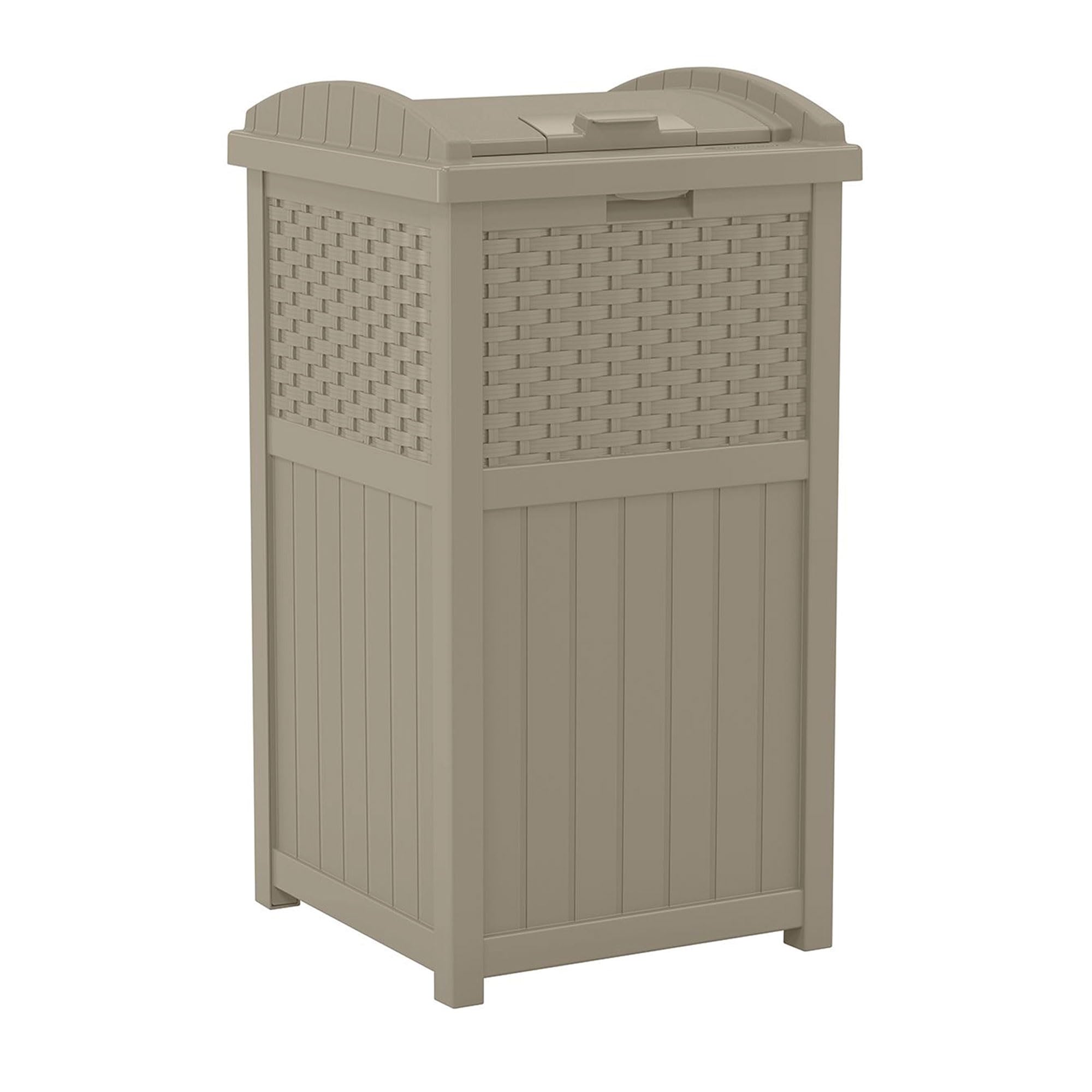 Suncast Hideaway Outdoor Trash Can with Lid - 30 Gallon Trash Can, Dark Taupe, Decorative Wicker-Style Garbage Bin, Weather-Resistant Resin, Fits 30-33 Gallon Bags, Ideal for Patio & Yard, Made in USA