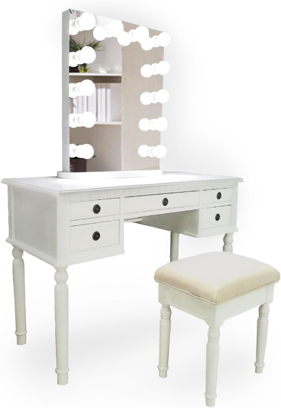 Krugg Nashville 43" Vanity Makeup Table Plus LED Hollywood Mirror & Chair White