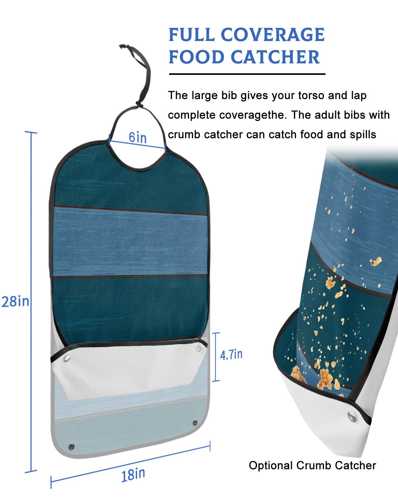 Blue Wood Adult Bibs for Eating, Waterproof Bibs with Food Catcher & Adjustable Snap Closure, Farmhouse Retro Wooden Grain Striped Washable Clothing Protectors Adult Bibs for Elderly Women/Men