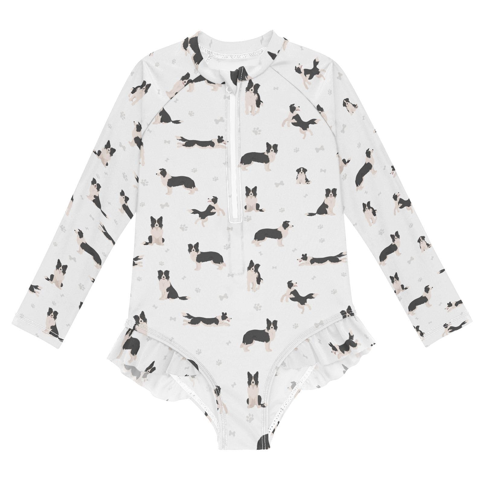 JHKKU Girls Long Sleeve Border Collie Dog Swimsuit One Piece Zipper Rash Guard Bathing Suit with UPF 50+ Sun Protection Ruffle Swimwear 4T