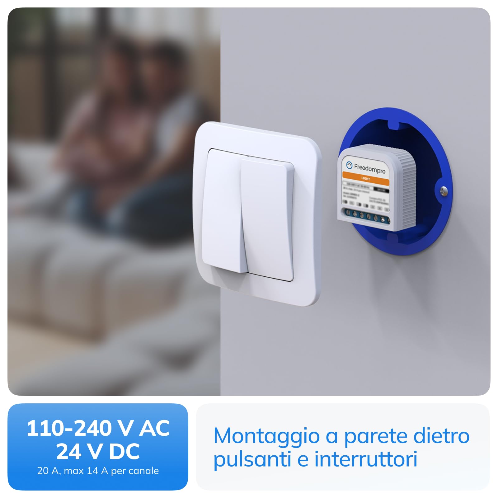Freedompro Interruttore Smart WiFi Comanda 2 Luci, Lampade, Faretti, Punti Luce, Modulo Smart Home MINI Relè Compatibile con Matter, Apple HomeKit, Alexa, Google Home, 110-240V 14A Scatola da Incasso