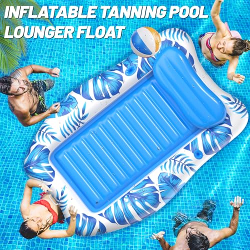 LanAqua Inflatable Tanning Pool, 2025 Large Tanning Pool Lounger Float for Adults with Removable Head Rest, Sunbathing Tanning Pool Float with Cup & Phone Holders, Blow Up Tanning Pool Bed