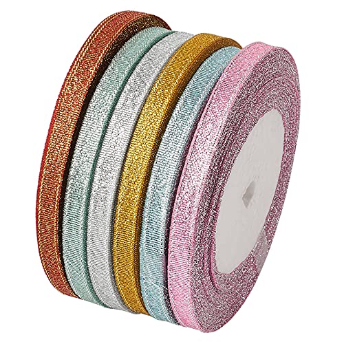 Fashewelry 6 Rolls Sparkly Glitter Fabric Ribbon 1/4-Inch 6mm Metallic Sheer Organza Ribbon 6 Colors for Jewelry Bows Making Party Wedding Present Package Wrapping 198-Yards
