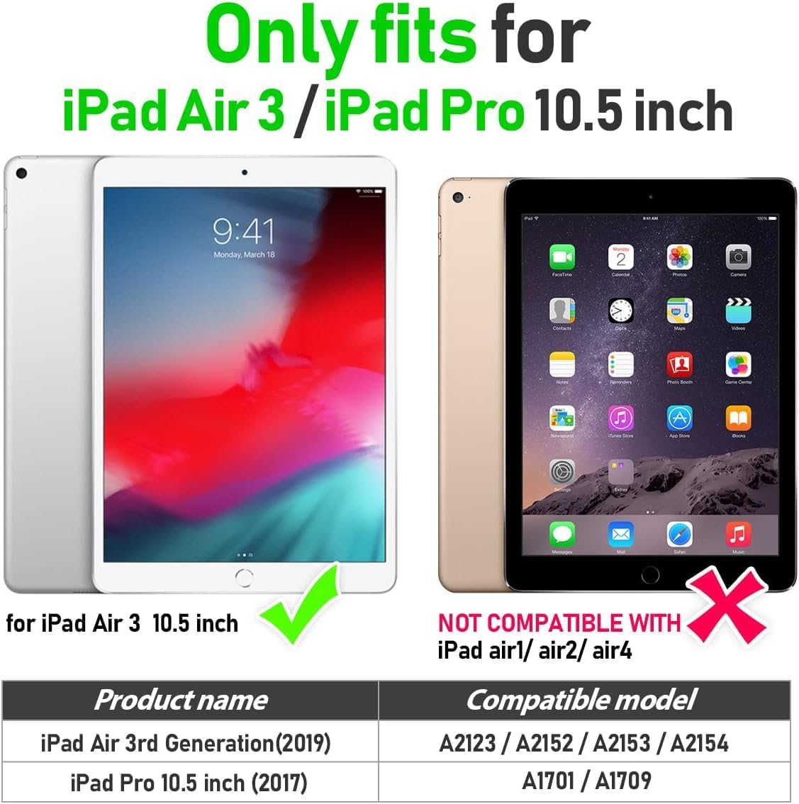case for iPad Air 3 (3rd Gen) and iPad Pro 10.5'',with Pen Holder Portable Hybrid Shock-Proof Cover with 360° Rotatable Hook&Loop Handle,Carrying Strap,Hand Grip for Kids (Dark Green)