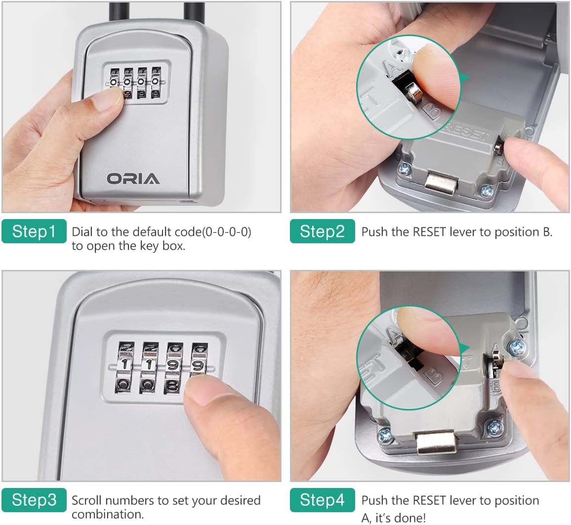 ORIA Key Lock Box, 4 Digit Combination Lock Box, Safe Security Key Storage Box with Removable Shackle, 5 Keys Capacity, for Indoor Outdoor, Silver