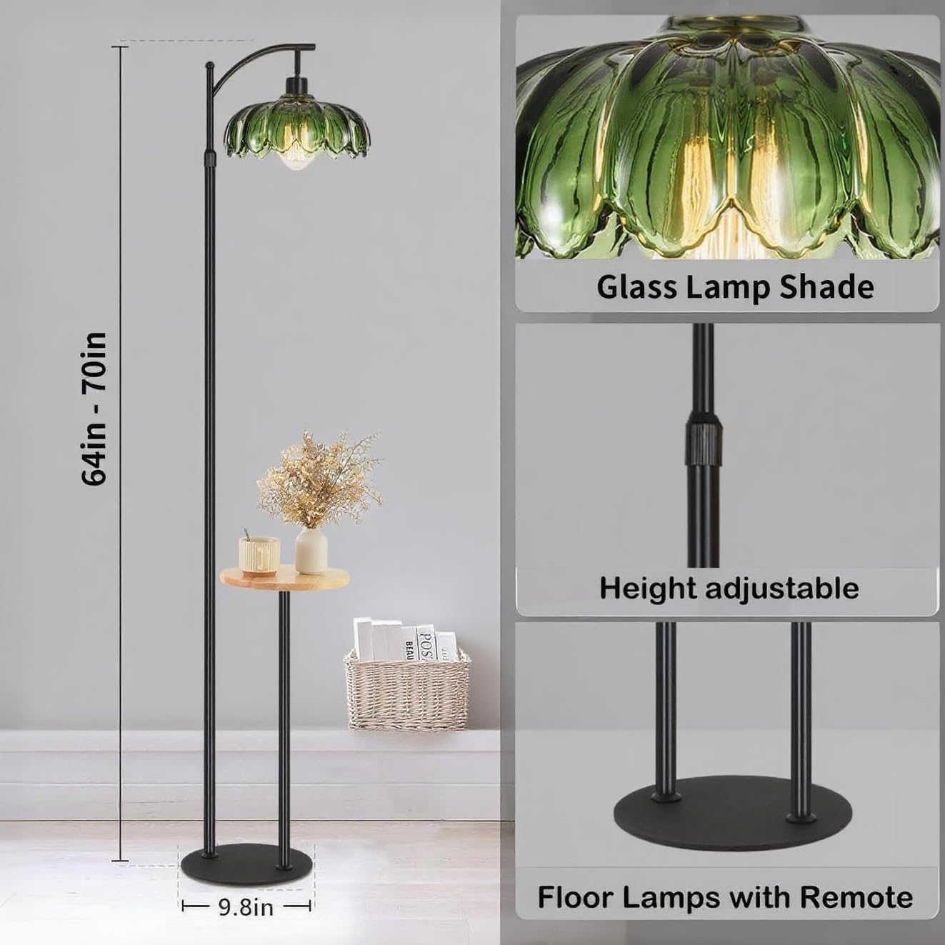KZT Stehlampe Wohnzimmer mit Fernbedienung Dimmbar Stehleuchte mit Ablage Höhenverstellbar 177CM Vintage Stehlampe mit Fußschalter Leselampe für Schlafzimmer Büro Floor Lamp, E27 Glühbirne, Schwarz