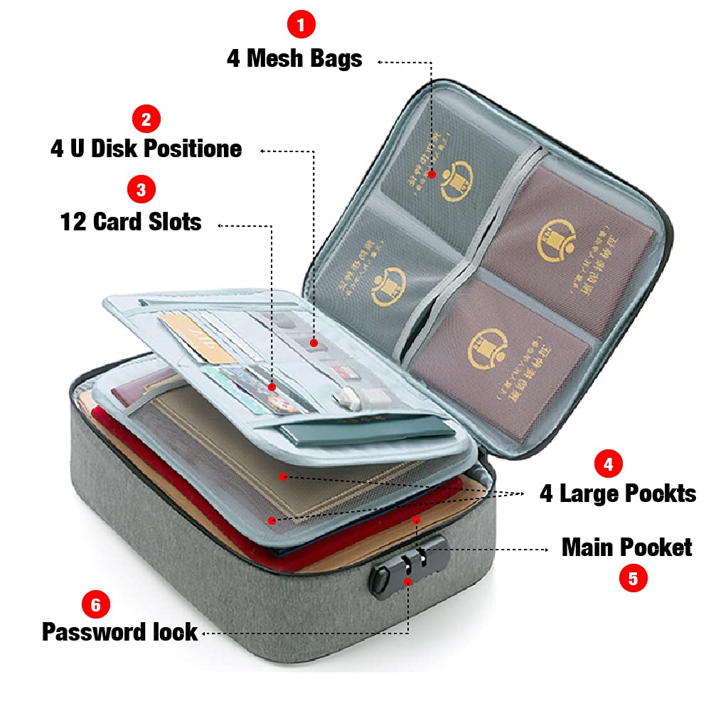 Fireproof Document Box With Lock-2 Layer File Cabinet Storage Bag With Multiple Pockets, Water
