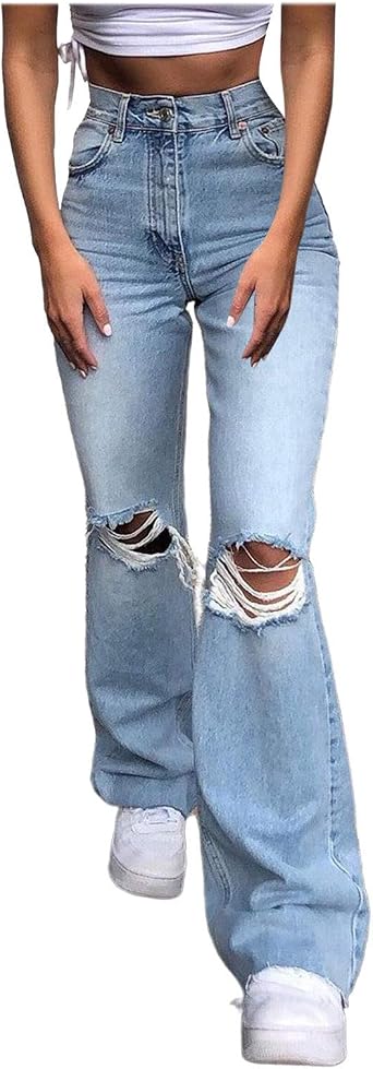 قيعان الجرس للنساء عالية الخصر ممزق الجينز واسعة الساق الجينز Bootcut الجينز Retro Flared Denim Pants جان