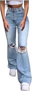Women's Ripped Boyfriend Jeans Cute Ripped Distressed High Rise Casual Straight Leg Baggy Denim Pants Flared Jeans