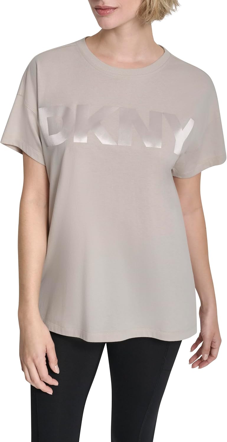 DKNY Womens Short Sleeve Jumbo Satin Logo Crew Neck T-Shirt