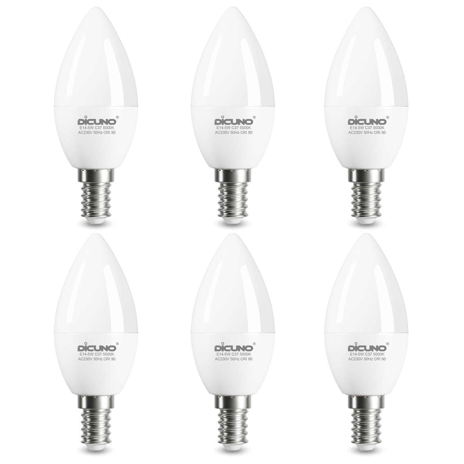 DiCUNO E14 LED Lampe 5W, Warmweiß 2700K, ersetzt 50W Glühbirne, 550LM, CRI 90, 230V AC, C37 LED Kerze Birne, nicht dimmbar, Ersatzlampe für Kronleuchter, Tischlampe, 6er Pack
