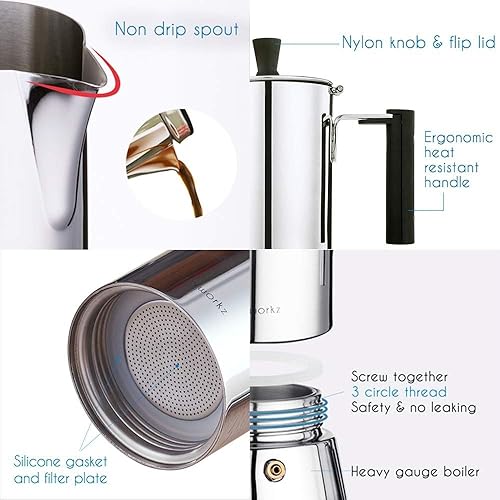 Miniatura 3 de Easyworkz Pedro - Cafetera de café para estufa, 4 tazas, 6.8 fl oz, cuchara de café retro de acero inoxidable con mango de nogal negro, 0.35 oz,