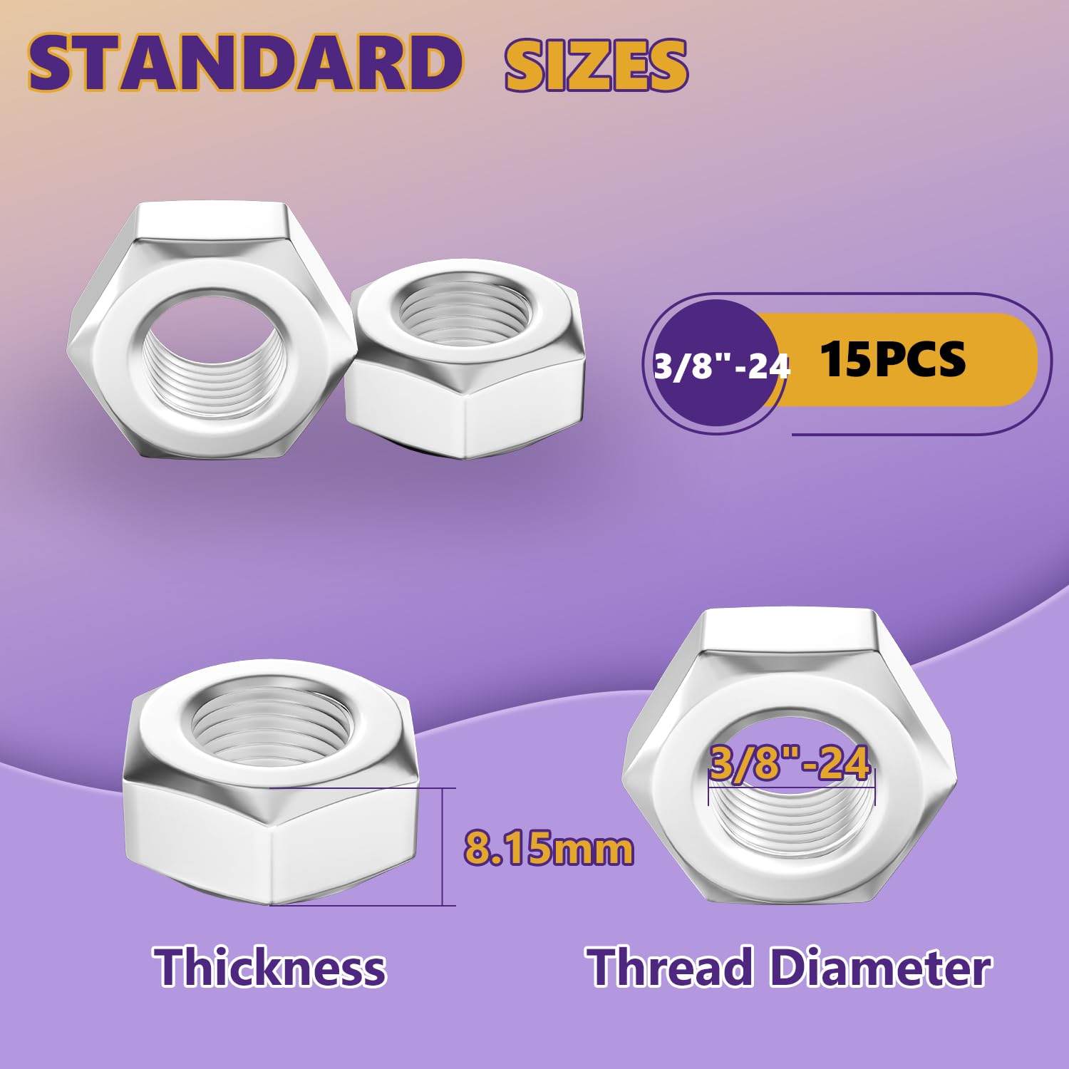 15Pcs SAE 3/8"-24 Hex Nut Set 304 Stainless Steel