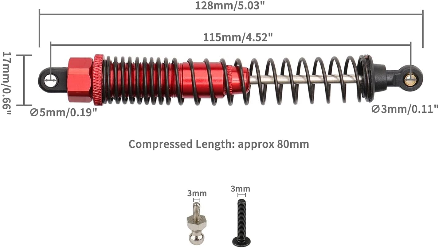 RC Shocks 8Pcs Aluminum RC Car Shocks Absorber 188004 (108004) for HSP 94111 94188 94108 Redcat Volcano Epx/epx PRO Volcano S30 RC 1/10 Monster Truck 128mm Dampers Assembled Replacement Parts, Red