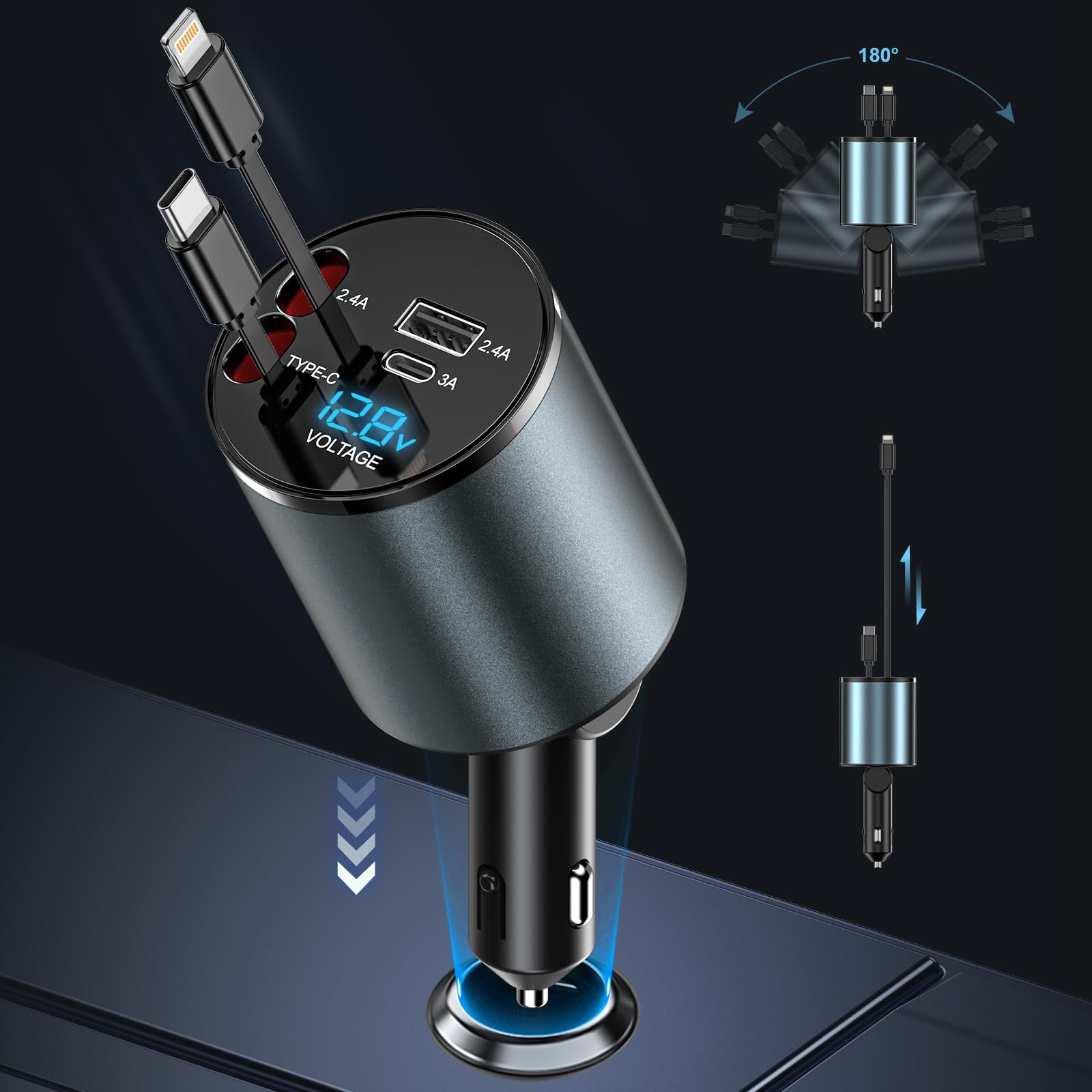 120W 4 in 1 Car Charger Retractable Car Phone Charger with Retractable Cables and Voltage Display, for 12V / 24V Vehicles, Compatible with i-P-hone, Android, Samsung Galaxy