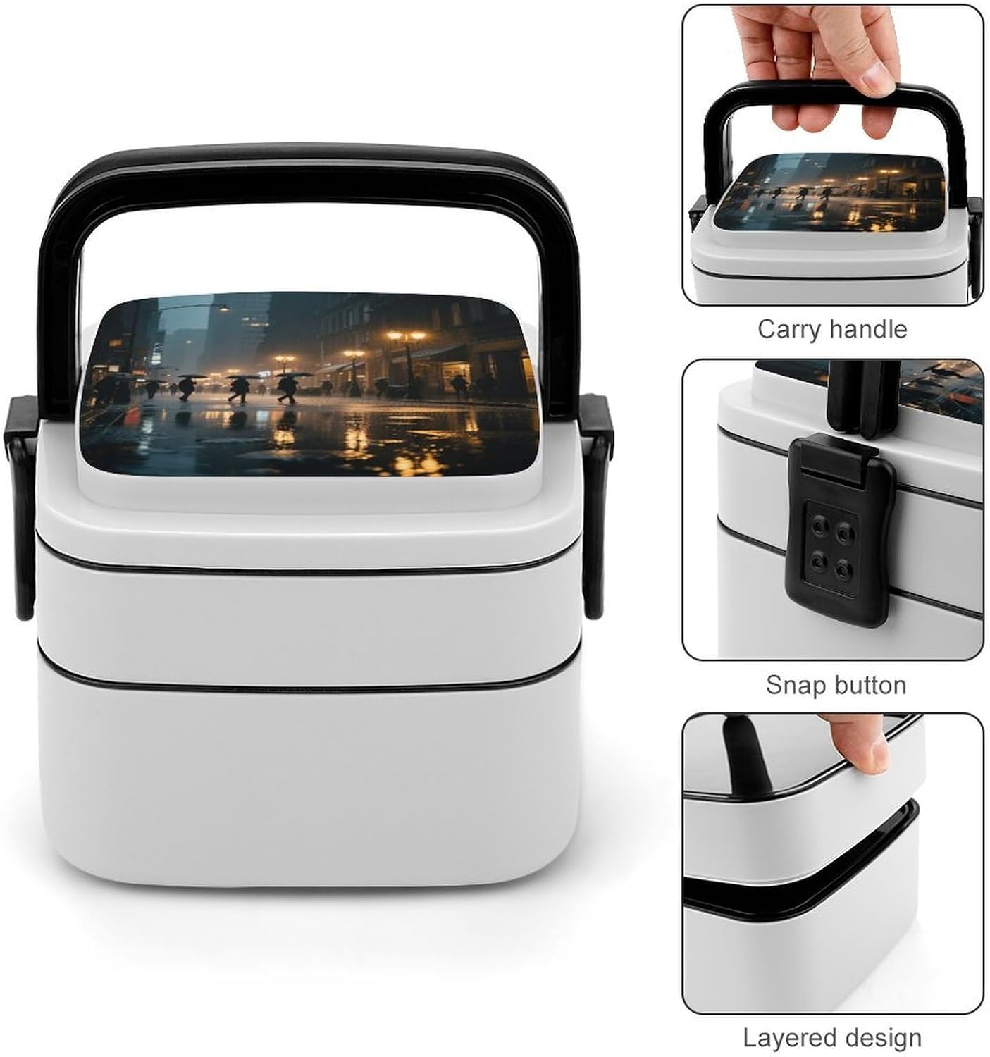 Rainy Night City Street Bento Box Double Layer Lunch Box for Adults with Spoon And Handle Bento Boxes Leakproof One-piece Stackable Lunchbox for Work Picnics And Travel