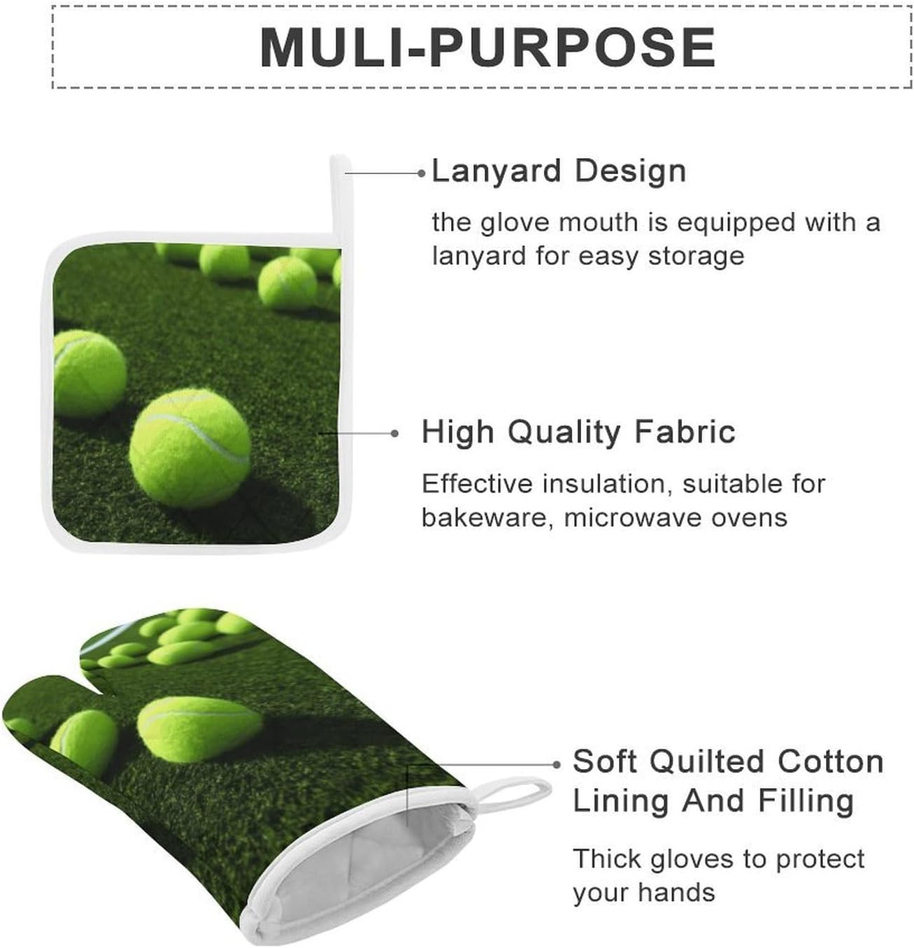 4-Piece Oven Mitts and Pot Holders Set Tennis Balls on Tennis Grass Court Printed Heat-Resistant Polyester Kitchen Gloves and Potholders Comfortable & Durable for Cooking Baking and Grilling