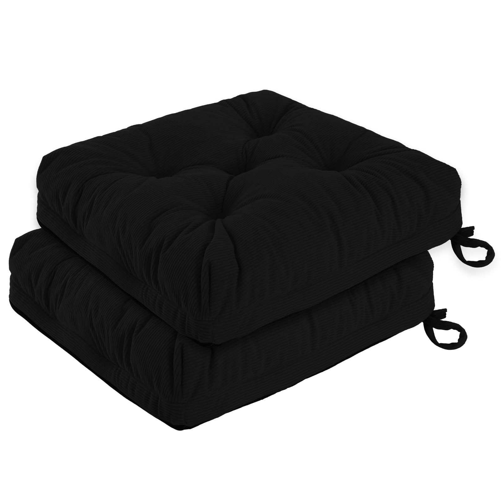 PRIMEPATIO Chair Cushions for Dining Chairs Set of 2, Tufted Overstuffed Textured Booster Foam Chair Pad with Ties and Non-Slip, 8cm Thick Seat Cushions for Kitchen, Garden, 40x40cm, Black