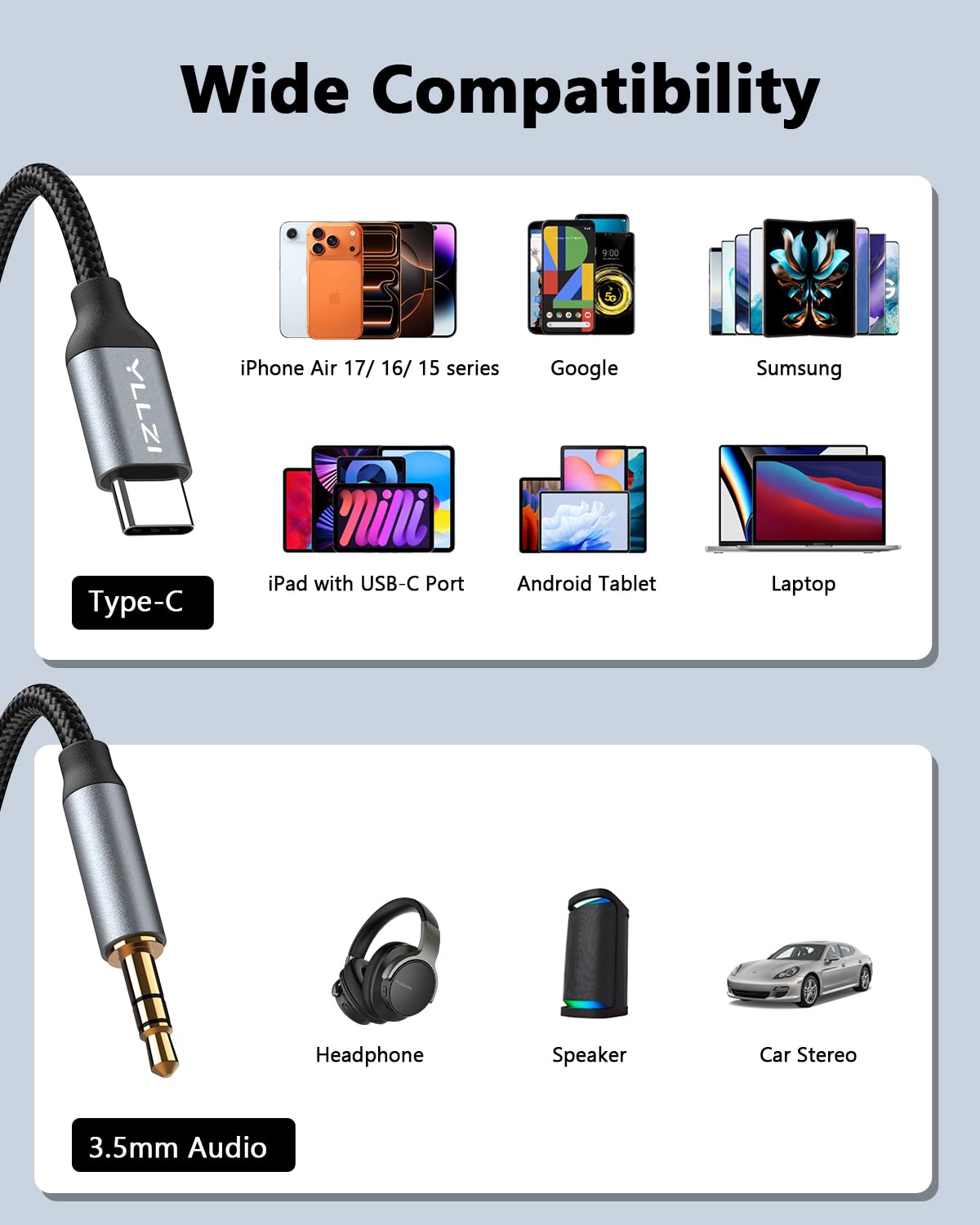YLLZI Câble USB C vers 3,5mm Jack 1,2m, Câble Adaptateur Jack Audio auxiliaire de Type C pour iPhone 17 16 15 série, Câble USB C Stéréo pour Galaxy S22/S21/S20+/Note 20/10/A8, Home/Car Stéréo etc