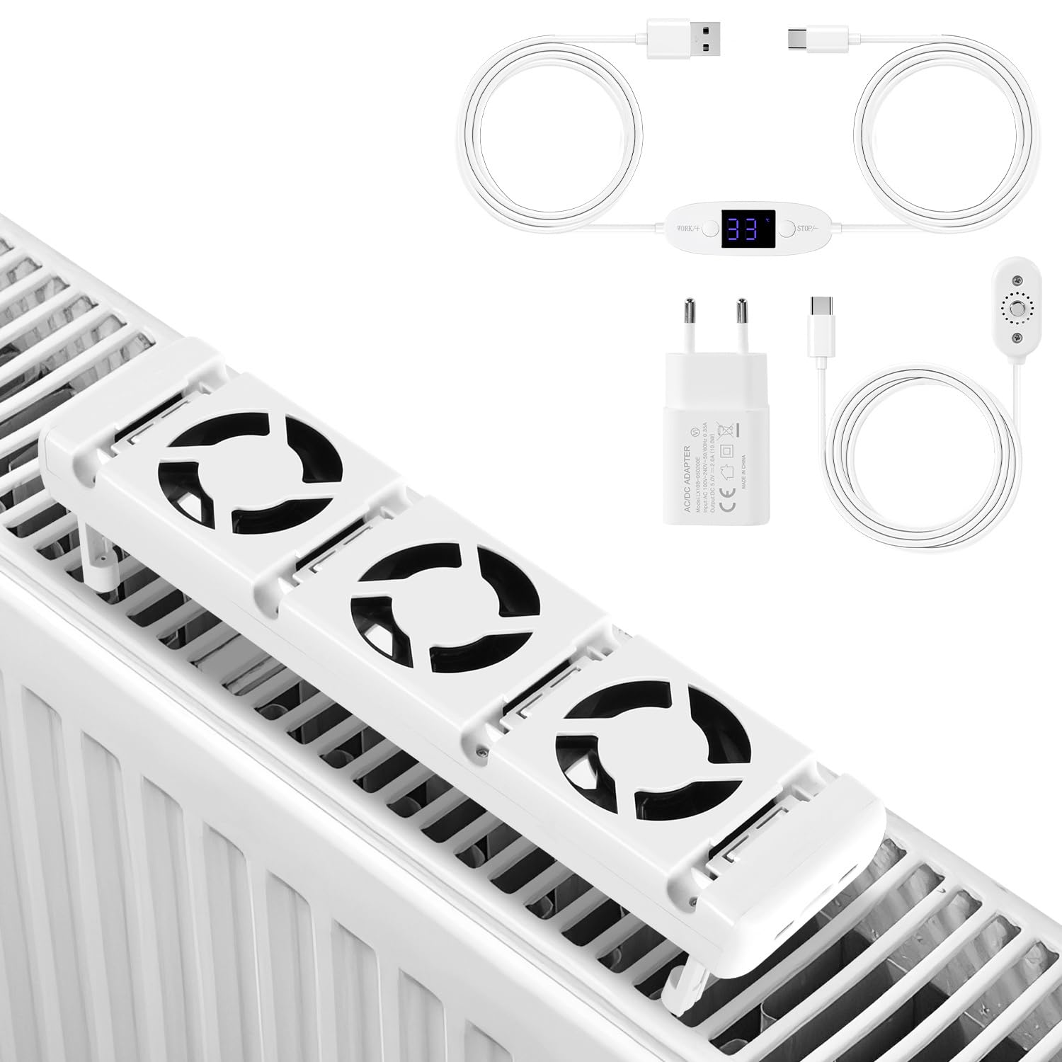 Ventilatore per radiatore con 3 ventole migliorate, radiatore 1 pezzo, un amplificatore per radiatore intelligente per riscaldamento, risparmio energetico e costi di riscaldamento,bianco